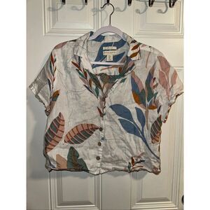 Cynthia Rowley 100% Linen White Blouse with Leaf Print – Women’s Size Medium